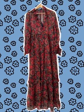 Red Floral V-Neck Tiered Maxi Dress